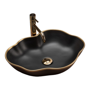 REA PEARL 52 асиметрична мивка върху плот, черен мат и златен ръб