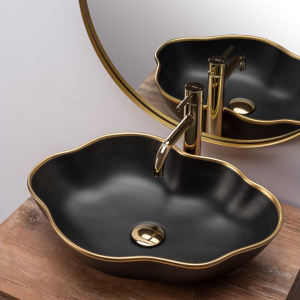 REA PEARL 52 асиметрична мивка върху плот, черен мат и златен ръб 